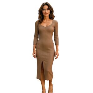 Anrabess Long Sleeve Bodycon Maxi Sweater Dress Small Beige Beige Ribbed Slit